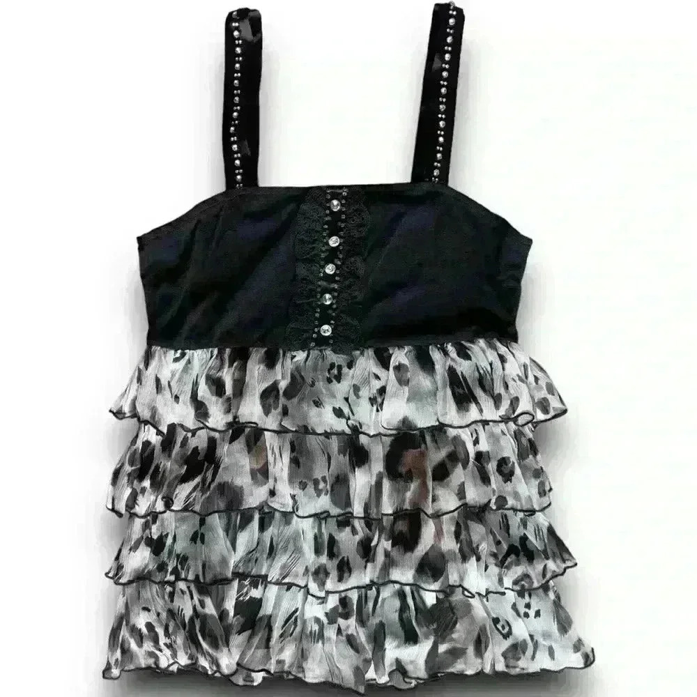 Y2K Leopard Print Ruffle Top Black Silk Beaded Japanese Street Sleeveless Blouse
